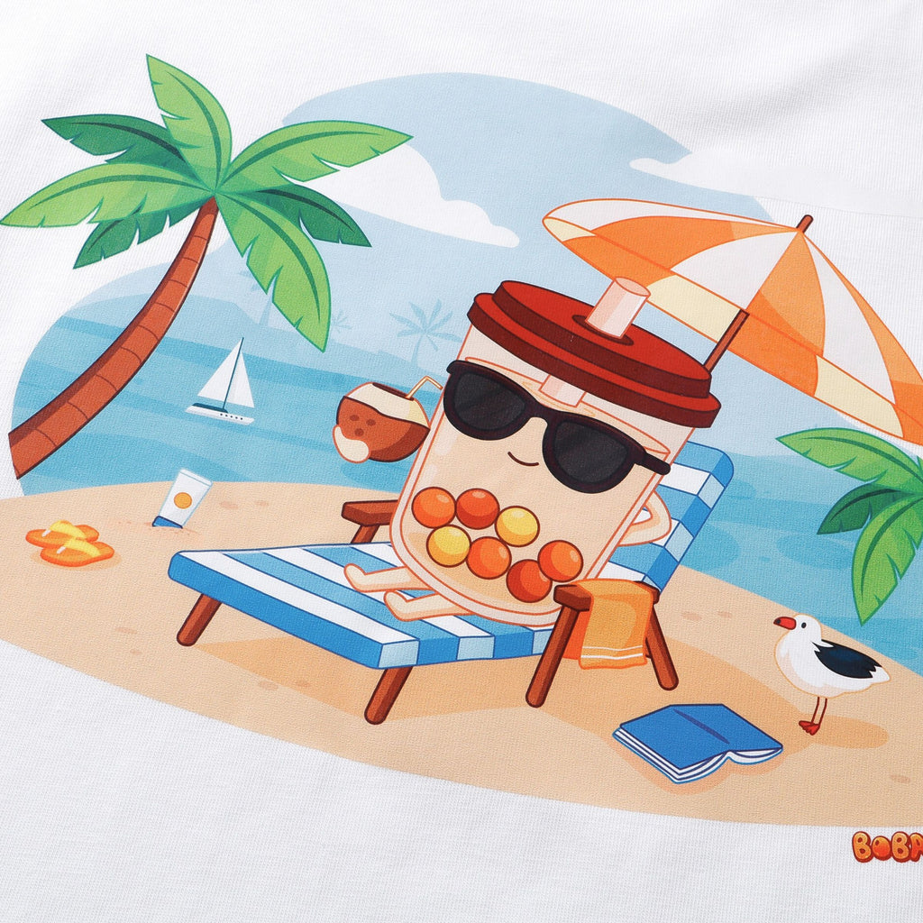 Close-up of Boba beach graphic on Sun Sea and Sand tee
