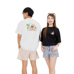 Model wearing Sun Sea and Sand oversized beach tee back view