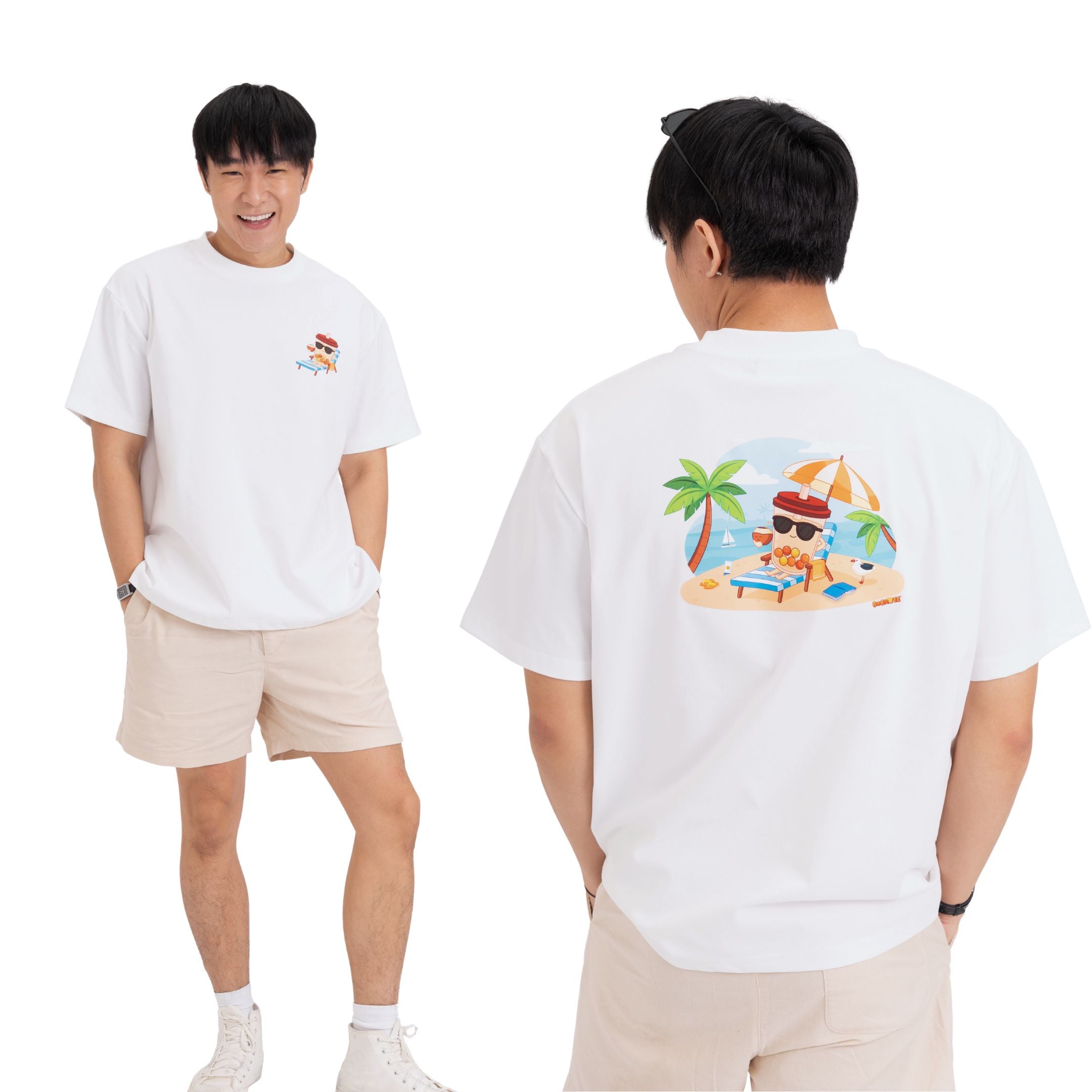 Model wearing Sun Sea and Sand oversized beach tee back and front view