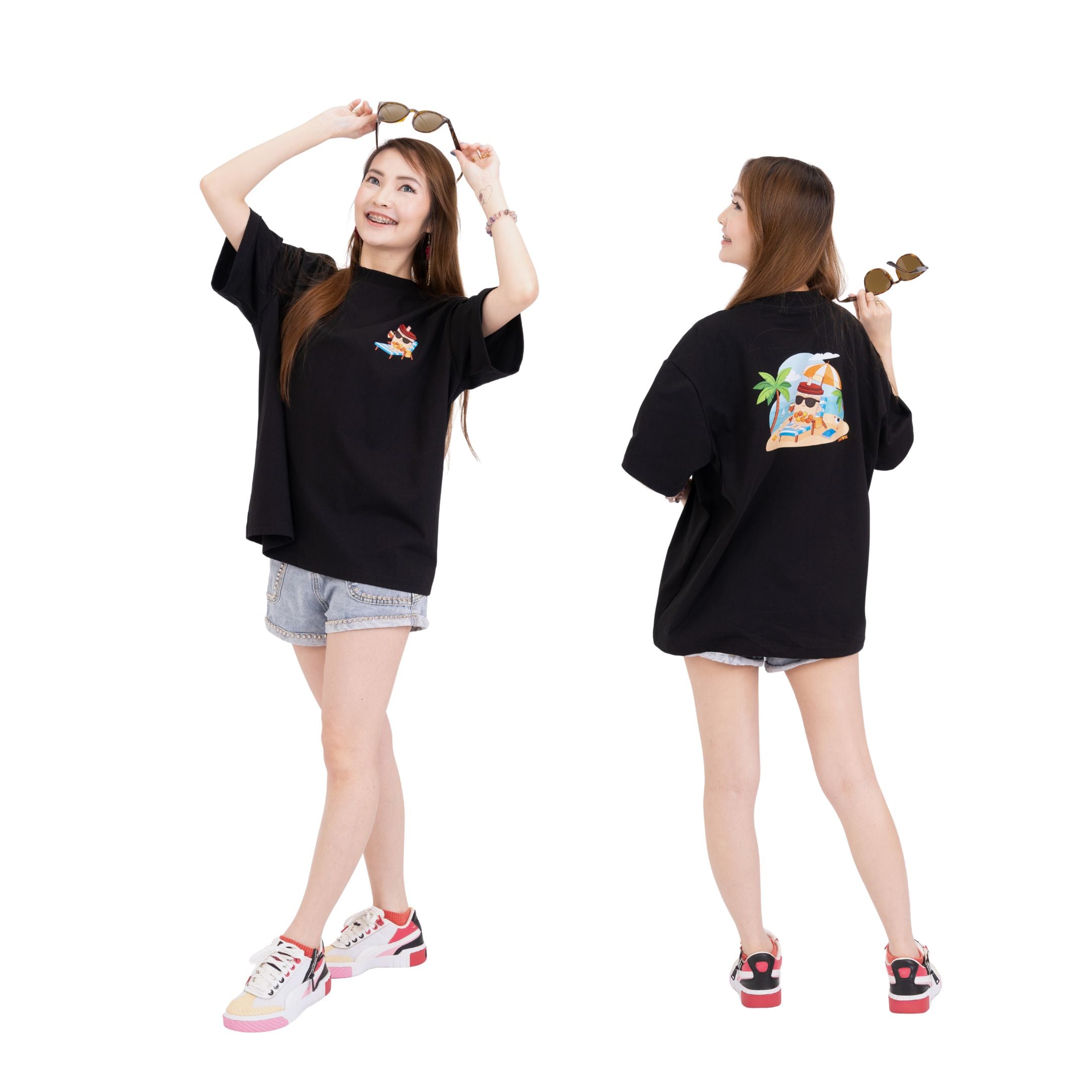 Model wearing Sun Sea and Sand oversized beach tee back abd front view