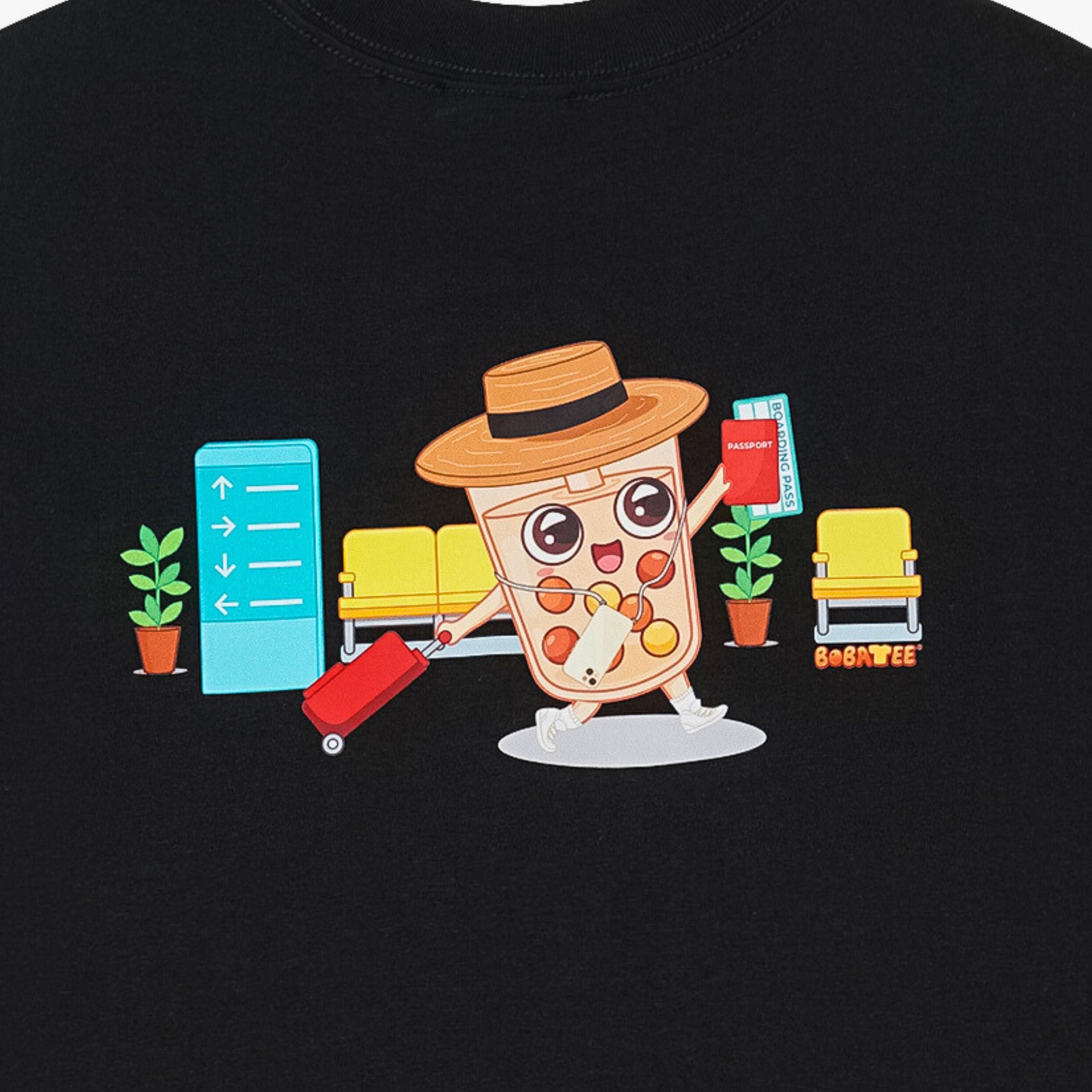 Close-up of Boba Travel Vacation Mode graphic with passport and luggage