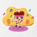 Close-up of dancing boba graphic with music notes on crop top