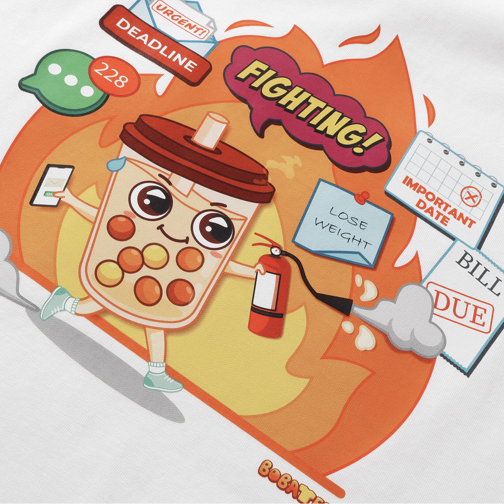 Close-up of Fighting boba chaos warrior illustration on t-shirt