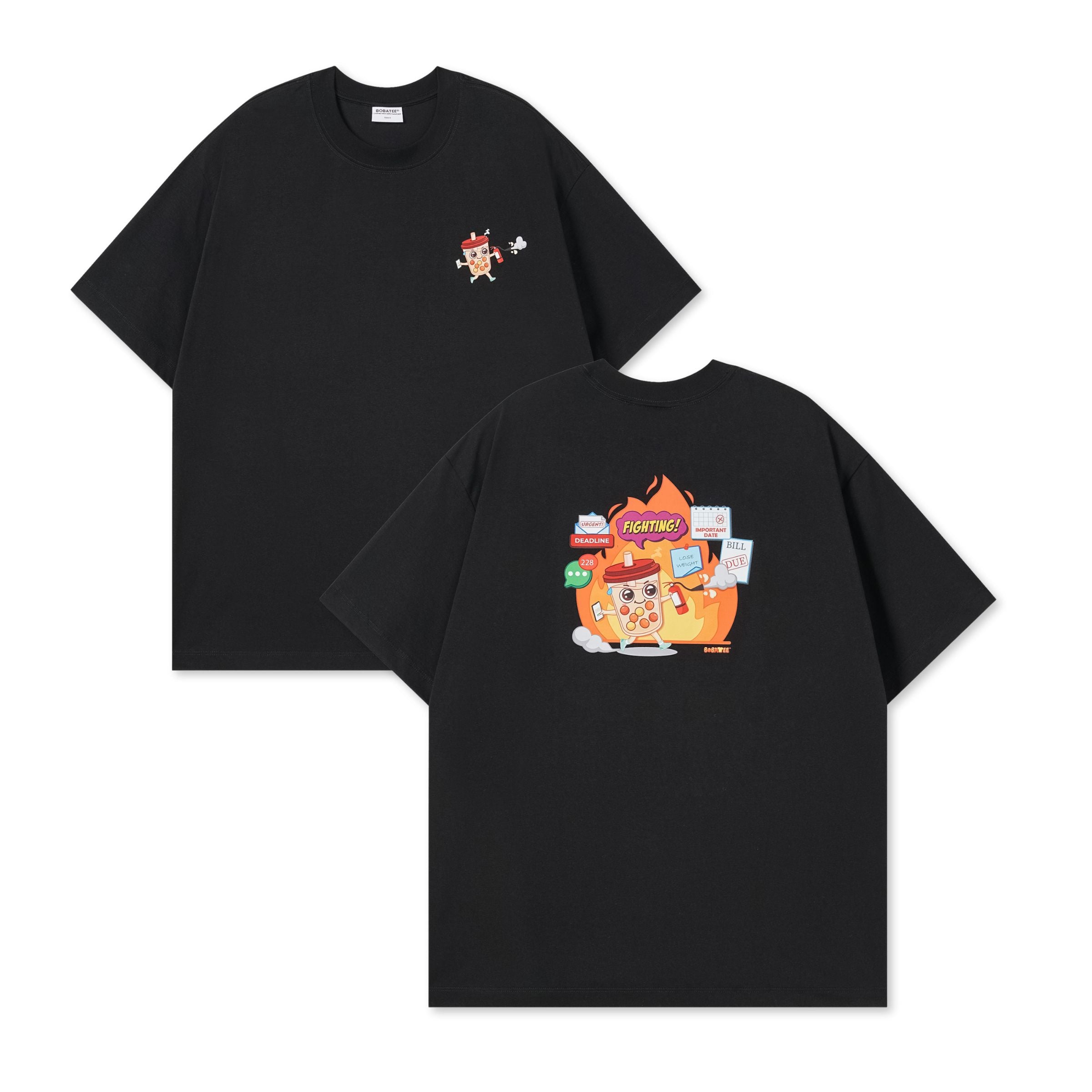 Black oversized boba graphic tee with Fighting chaos warrior design