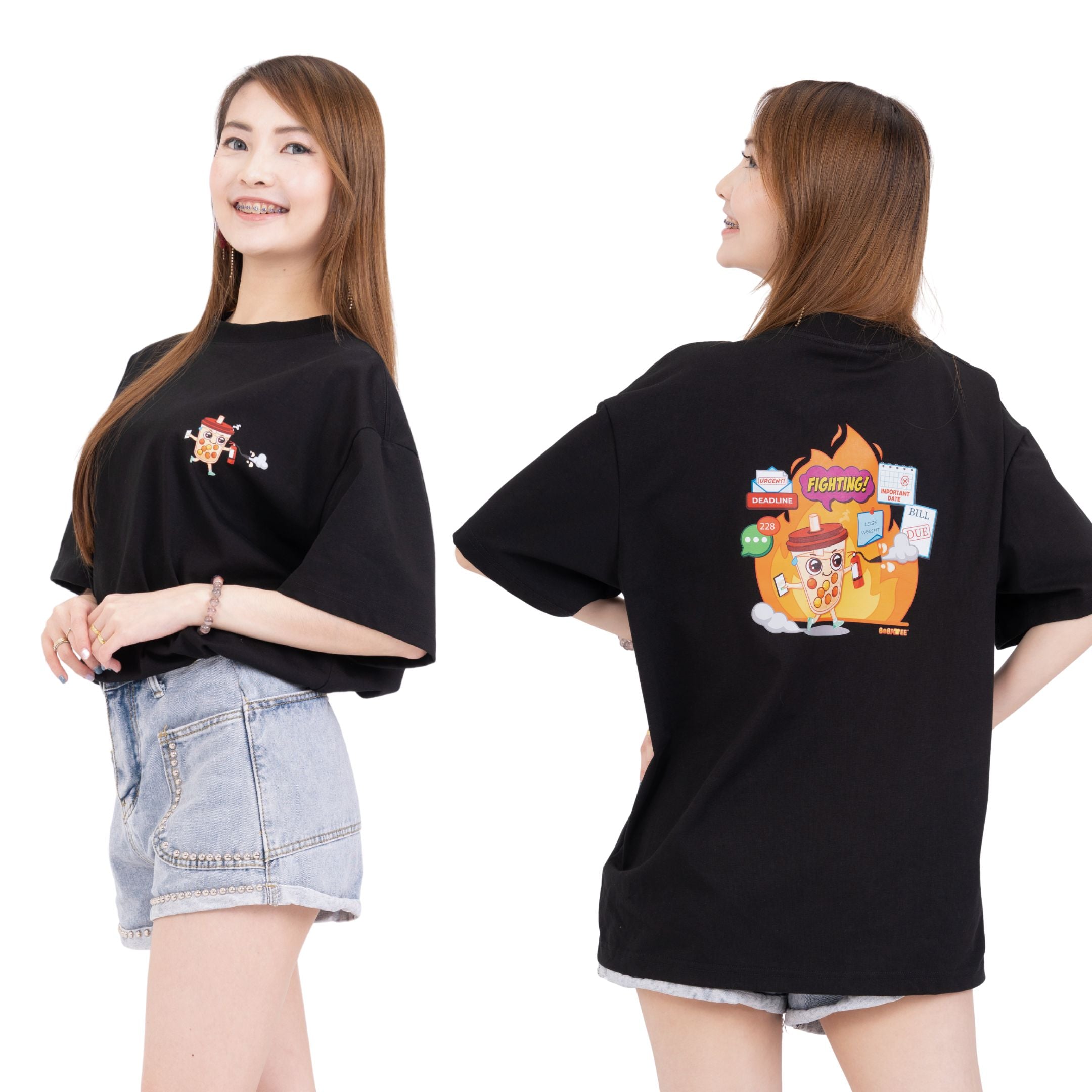 Model wearing Fighting oversized boba graphic tee back view