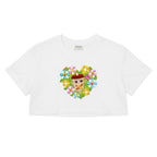 Flat lay of Garden of Cheer boba crop top showing floral graphic design and cropped silhouette