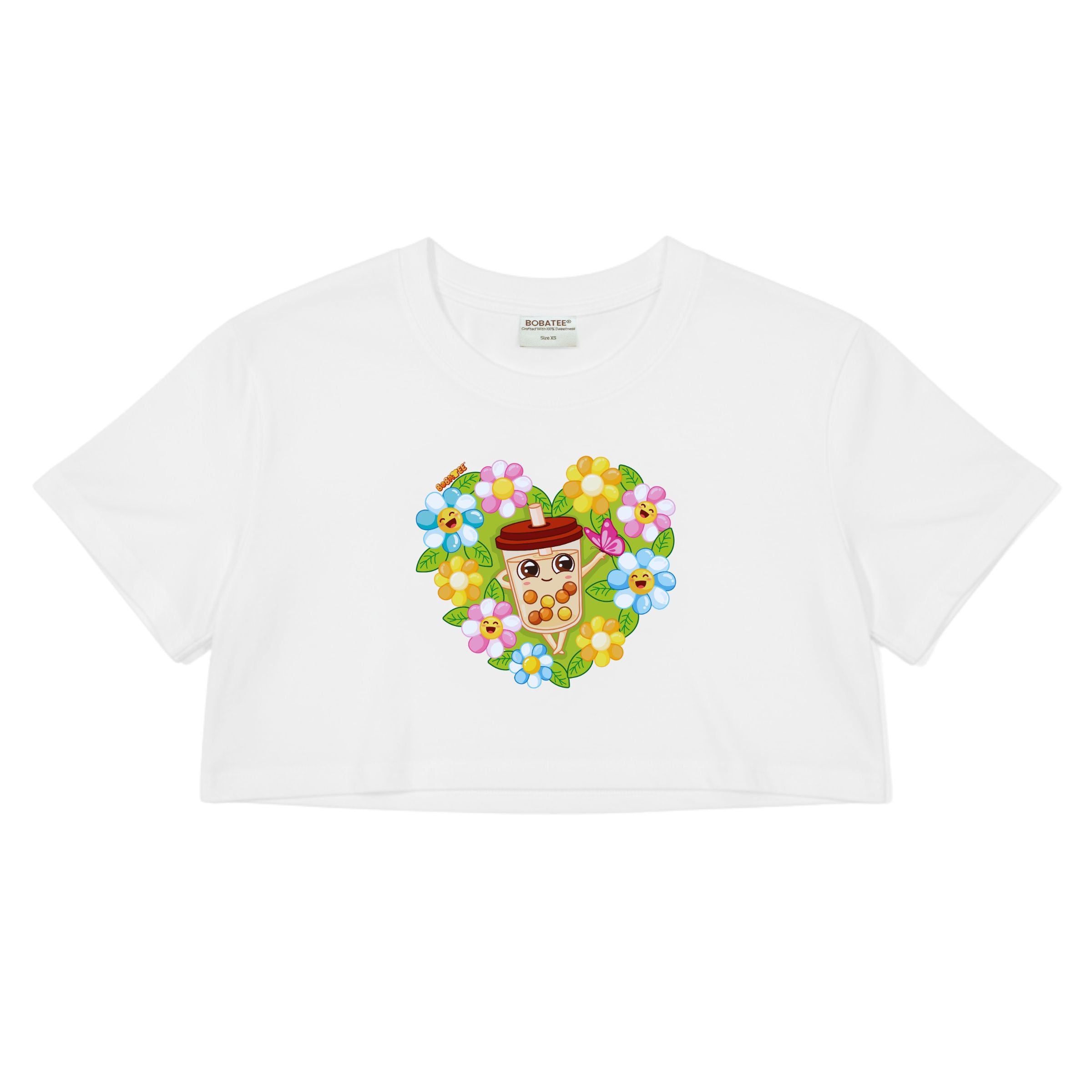 Flat lay of Garden of Cheer boba crop top showing floral graphic design and cropped silhouette