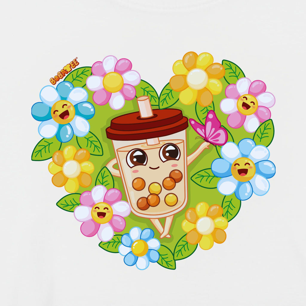 Close-up of boba character surrounded by flowers and butterfly on Garden of Cheer crop top