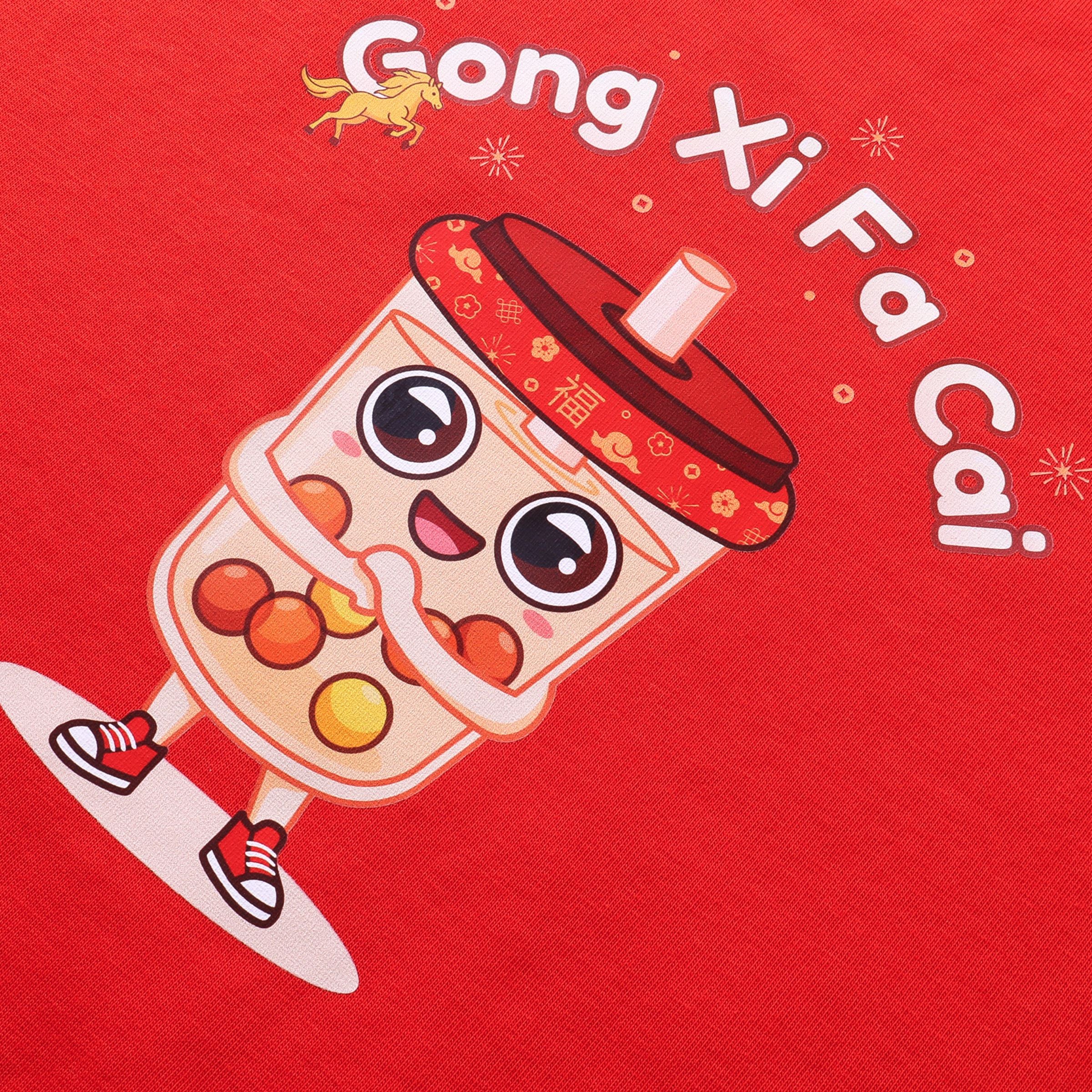 Gong Xi Fa Cai Boba festive graphic on oversized CNY t-shirt