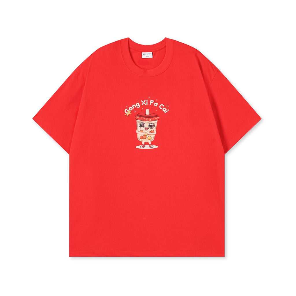 Red oversized CNY t-shirt with Gong Xi Fa Cai Boba graphic