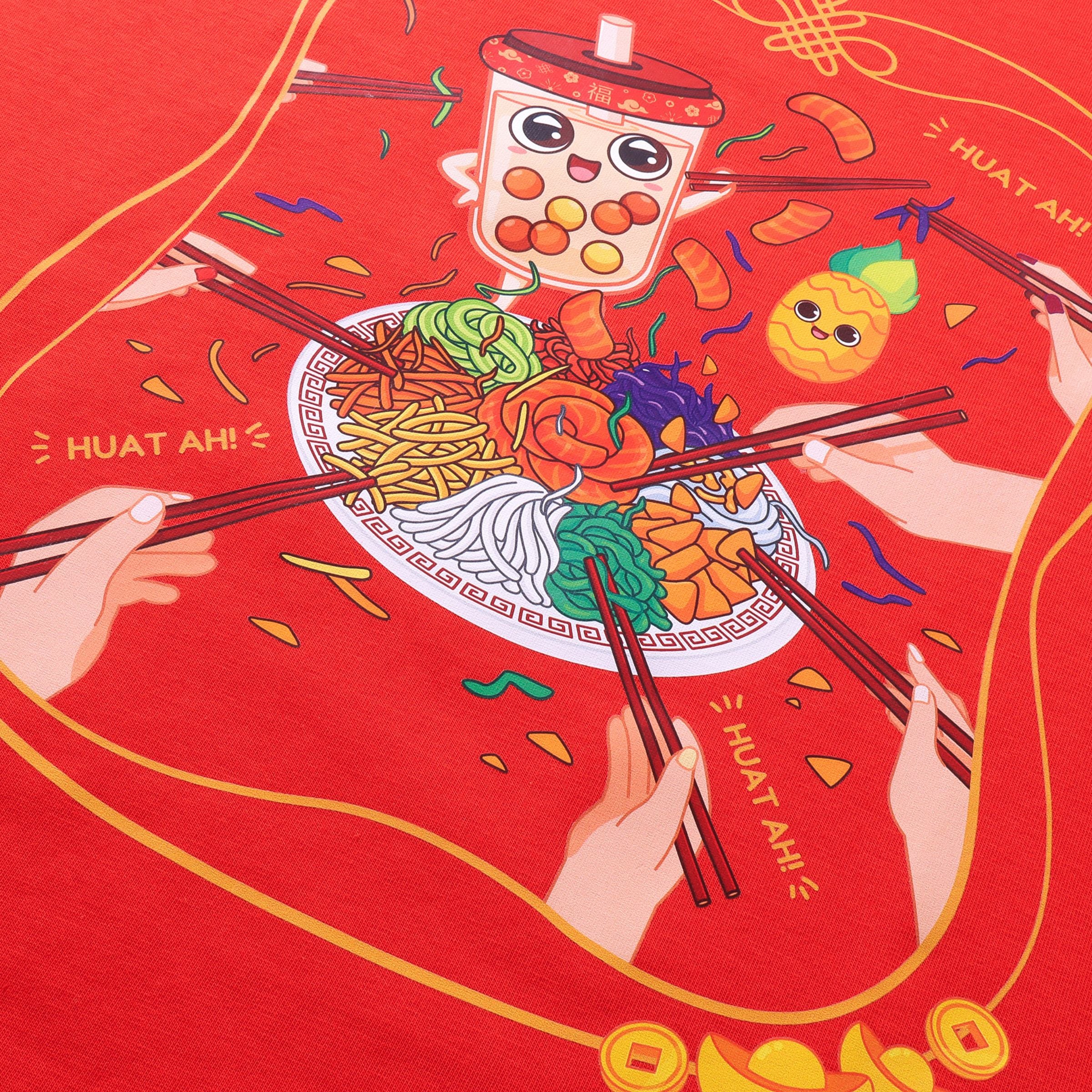 Yu Sheng Lohei graphic with Boba mascot on oversized CNY t-shirt