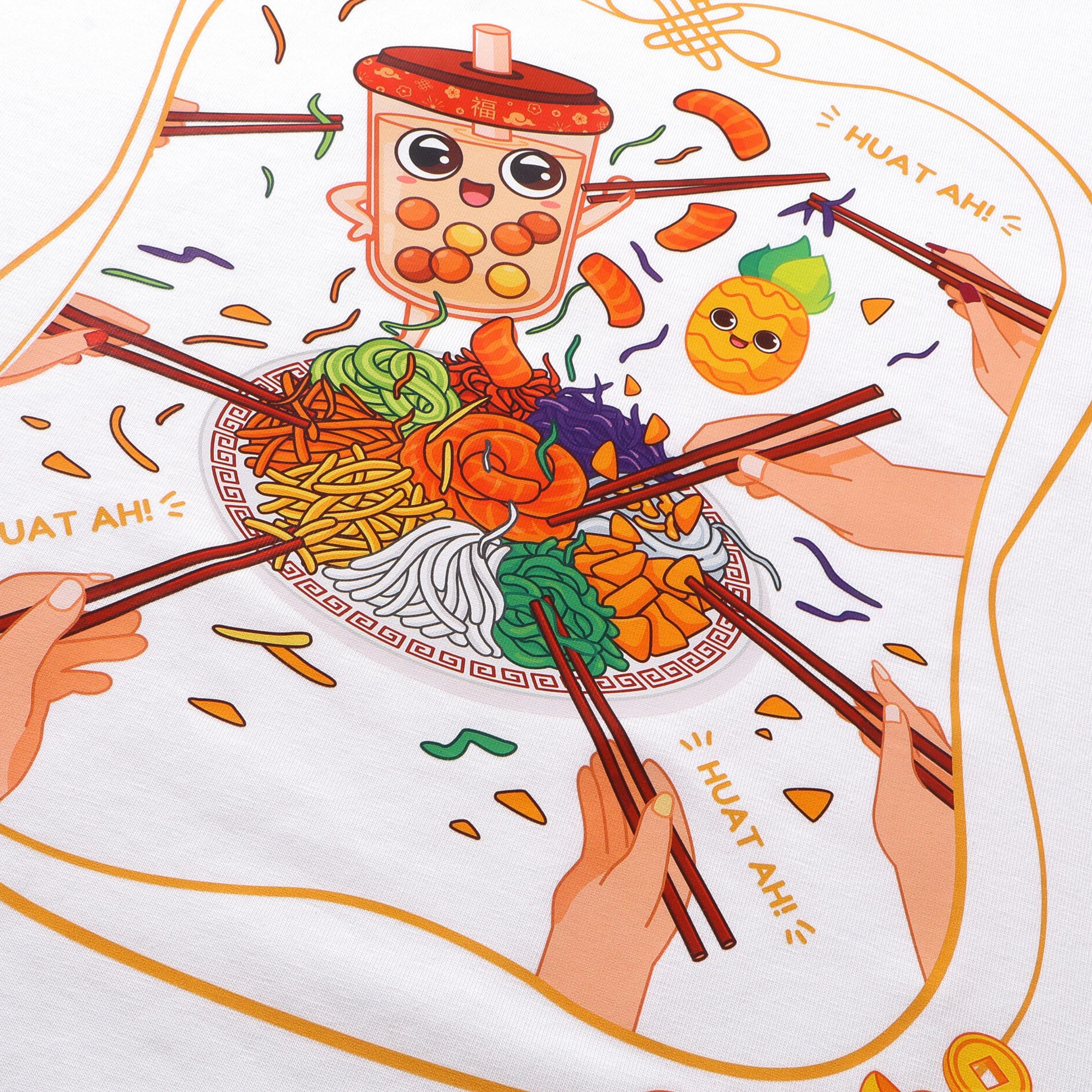 Toss to Prosperity Lohei graphic on oversized white CNY t-shirt