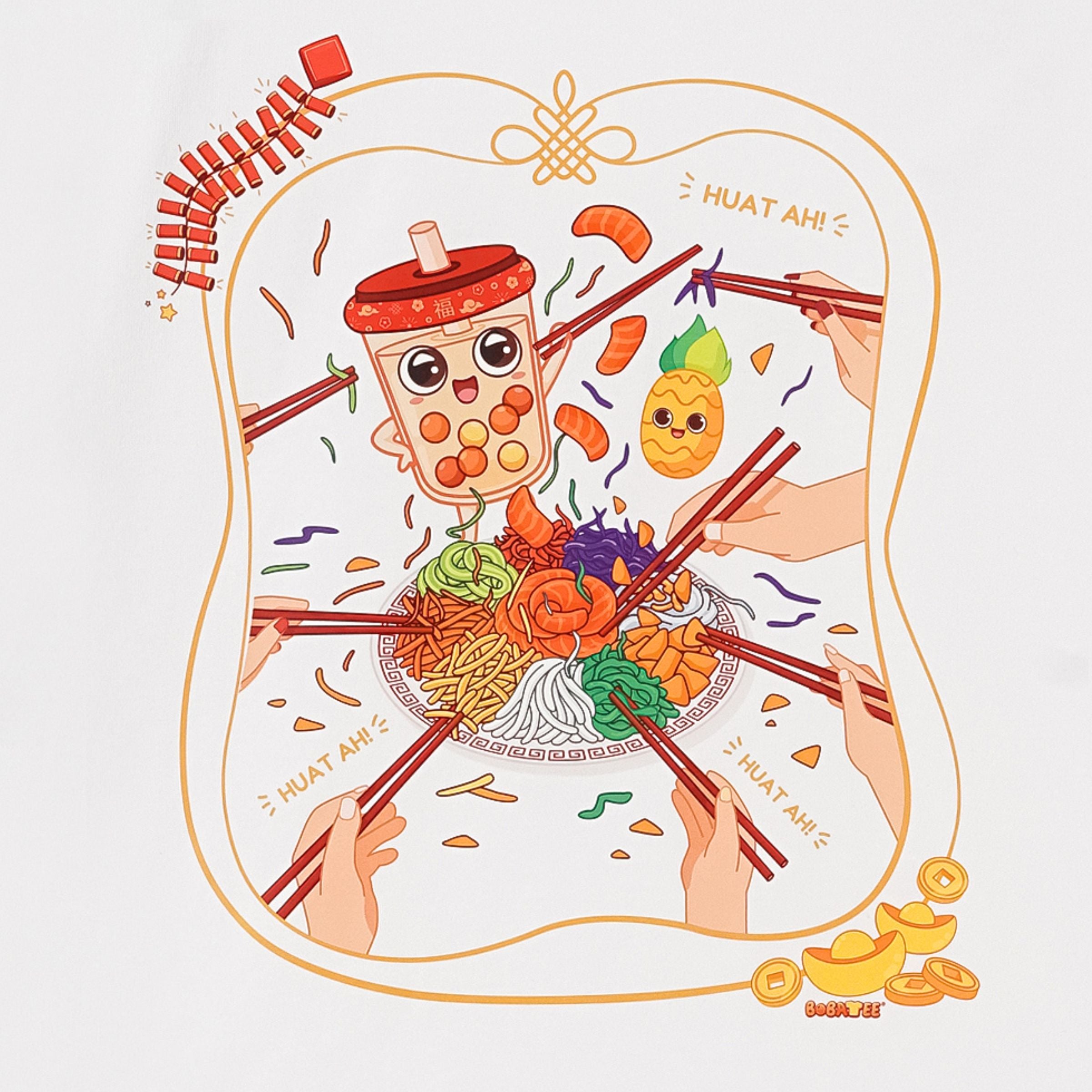 Toss to Prosperity Lohei graphic on oversized white CNY t-shirt