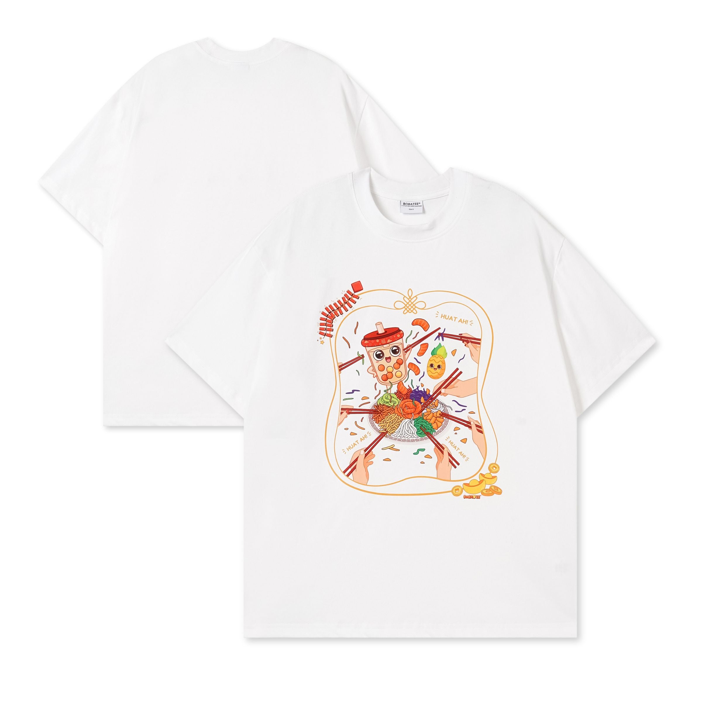 Toss to Prosperity Lohei graphic on oversized white CNY t-shirt