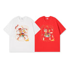 Red and white oversized CNY Lohei t-shirts flatlay