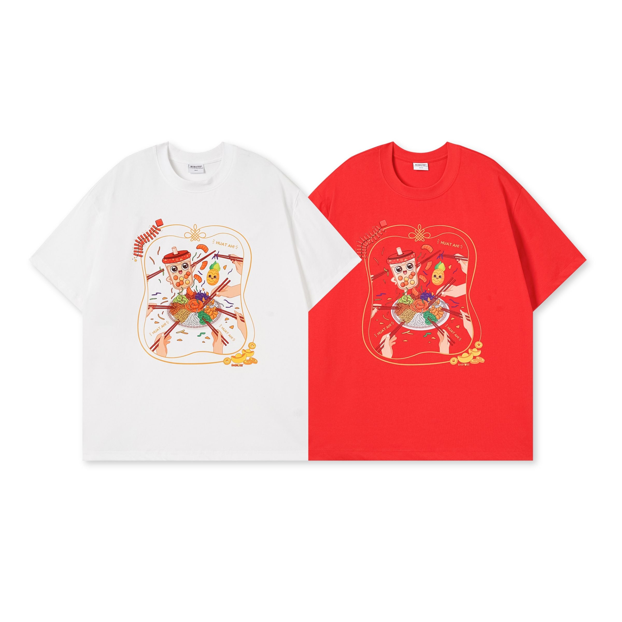 Red and white oversized CNY Lohei t-shirts flatlay