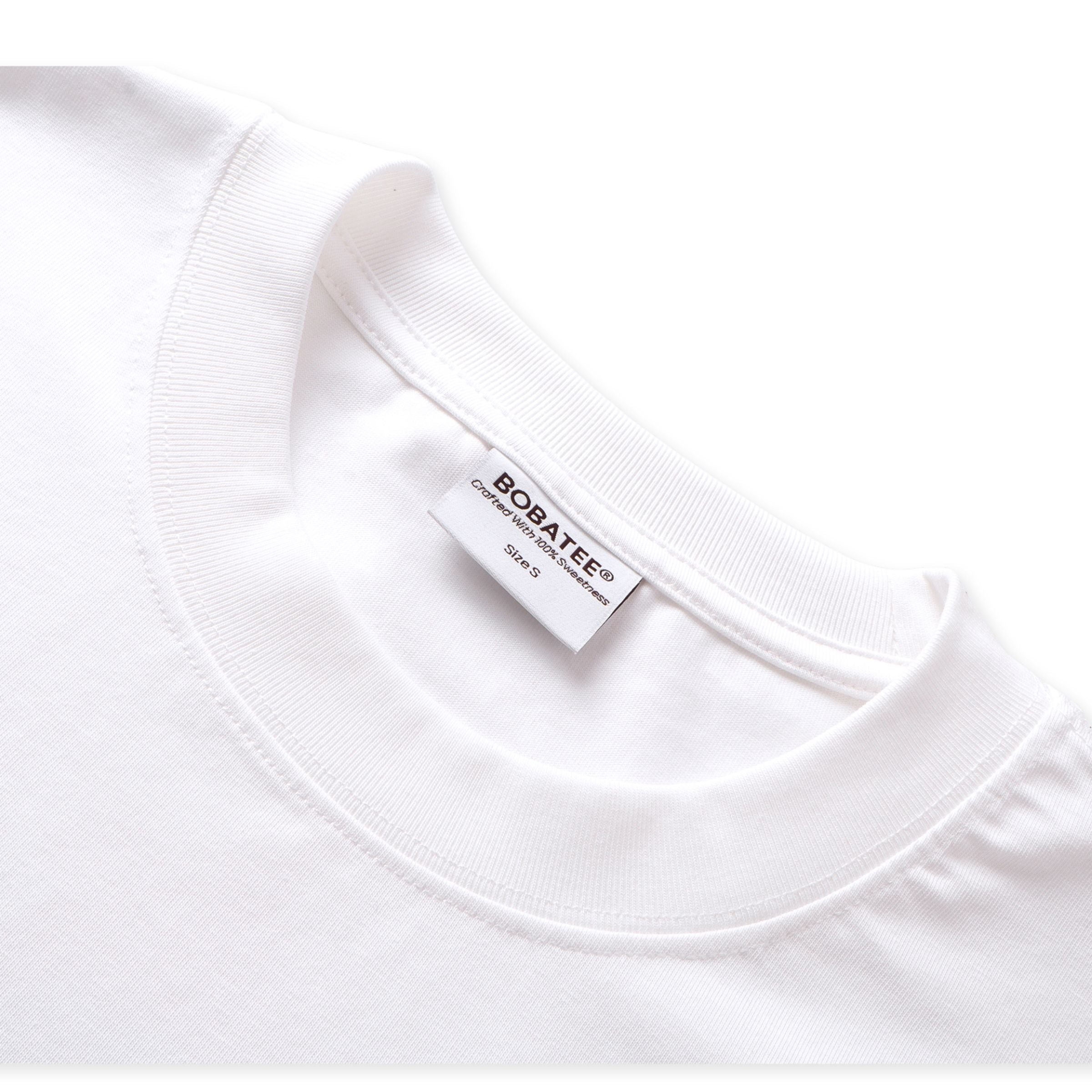 Crew neckline detail of Sun Sea and Sand oversized white tee